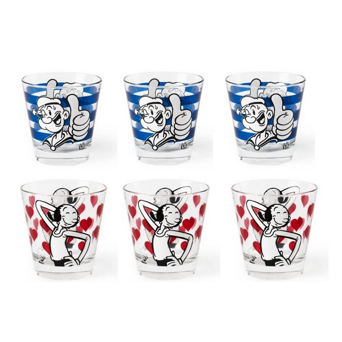 Excelsa set 6 decorated glass water glasses POPEYE and OLIVIA transparent